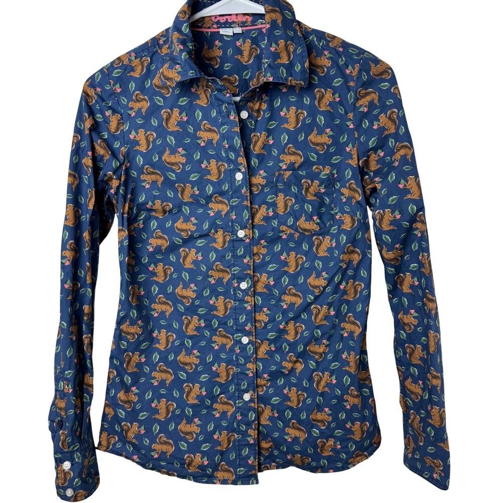Boden Button Down Shirt Women 2R Blue Squirrel Print Long Sleeve Cotton WA517